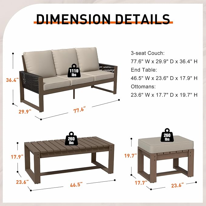 INTER HUT Rustic Hideaway Natural Cedar Wood Outdoor Furniture Set, Wicker Patio Conversation Set for Porch Garden Backyard, Couch, Coffee Table and 2 Ottomans, 4 Piece, Brownish/Beige