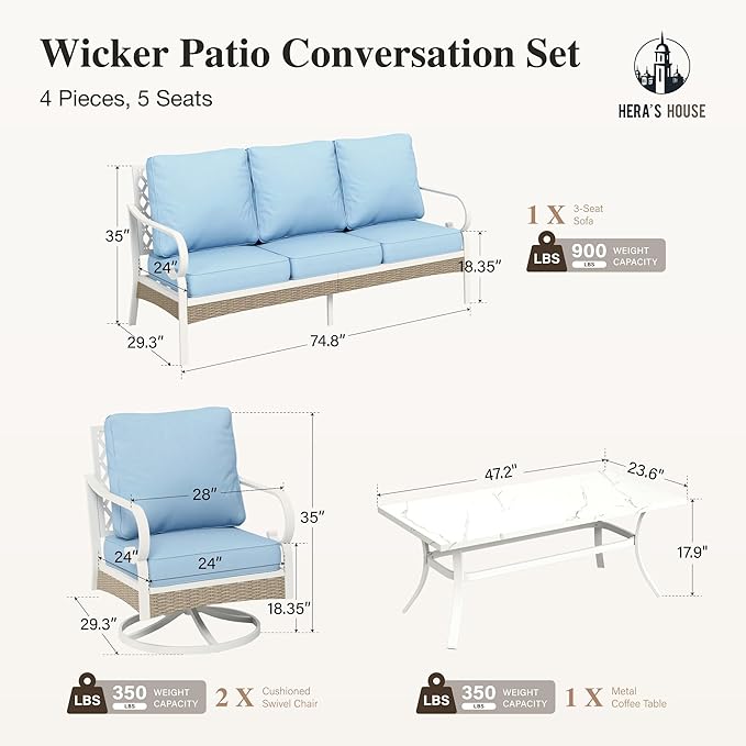 HERA'S HOUSE Patio Furniture Set with Metal & Rattan Design 4-Piece, 2 x Swivel Chairs, 1 x 3-Seat Sofa & Marble Coffee Table, All-Weather Outdoor Conversation Set for Garden Backyard Lawn, Blue