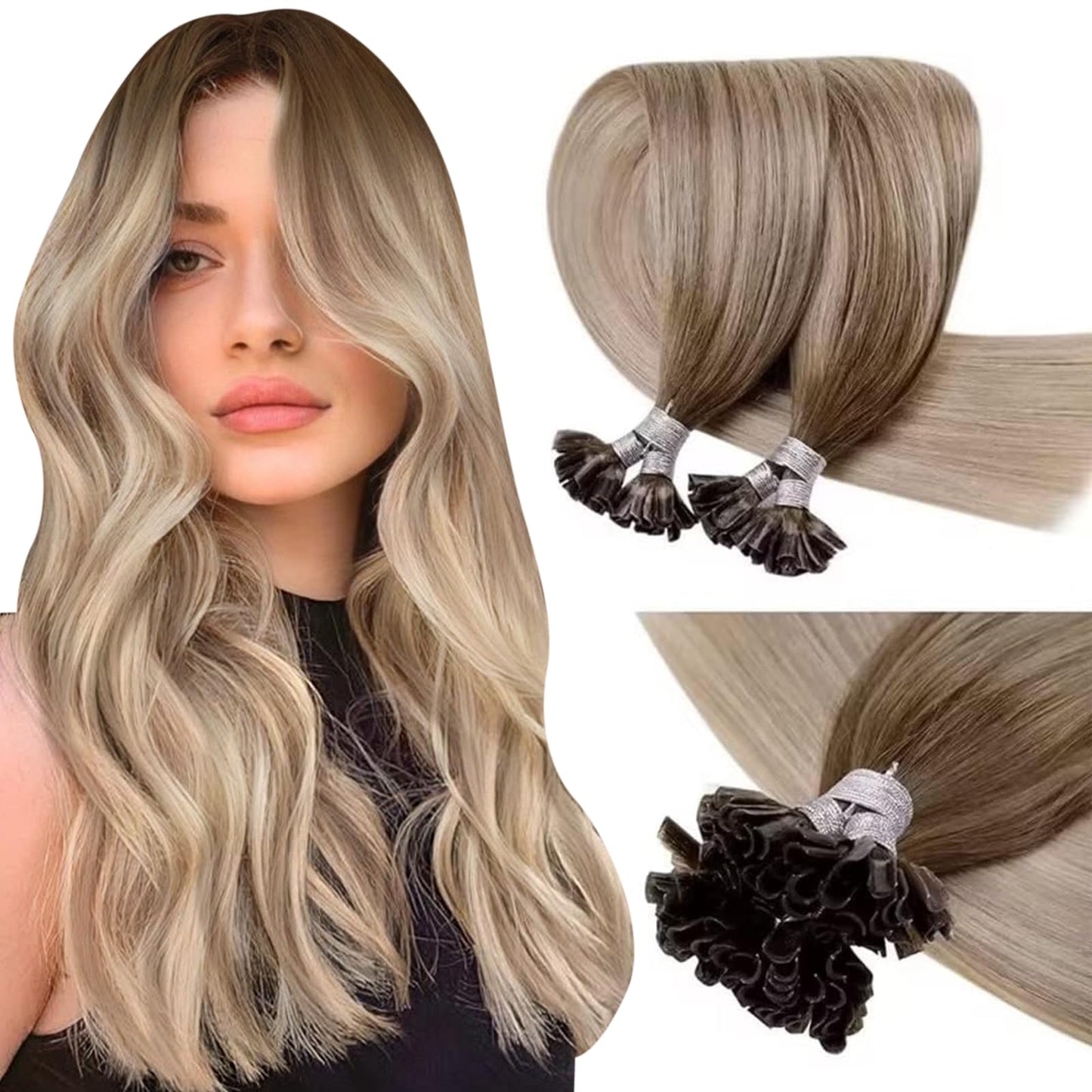 LaaVoo U Tip Hair Extensions Human Hair Light Brown to Ash Blonde Mix Platinum Blonde Utip Hair Extensions Human Hair Hot Fusion