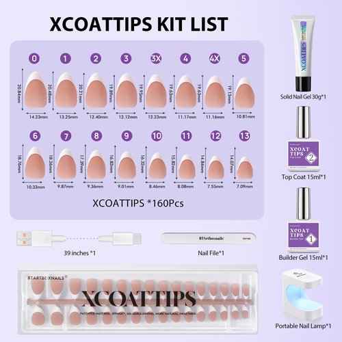 BTArtboxnails French Gel Nail Tips - French Tip Press on Nails Brown Short Almond 3 in 1 X-coat Tips Pre-applied Tip Primer & Base Coat, No Need to File Fake Nails for Nail Art DIY