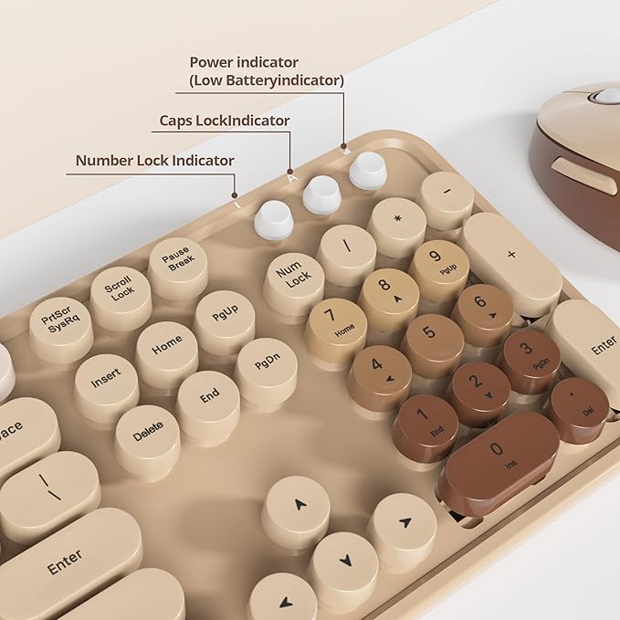 Owpkeenthy Brown Keyboard and Mouse Wireless, Cute Colorful Typewriter Keyboard Full-Sized with Number Pad Round Keycaps for Desktop, Laptop and Computer(Gradient Brown)