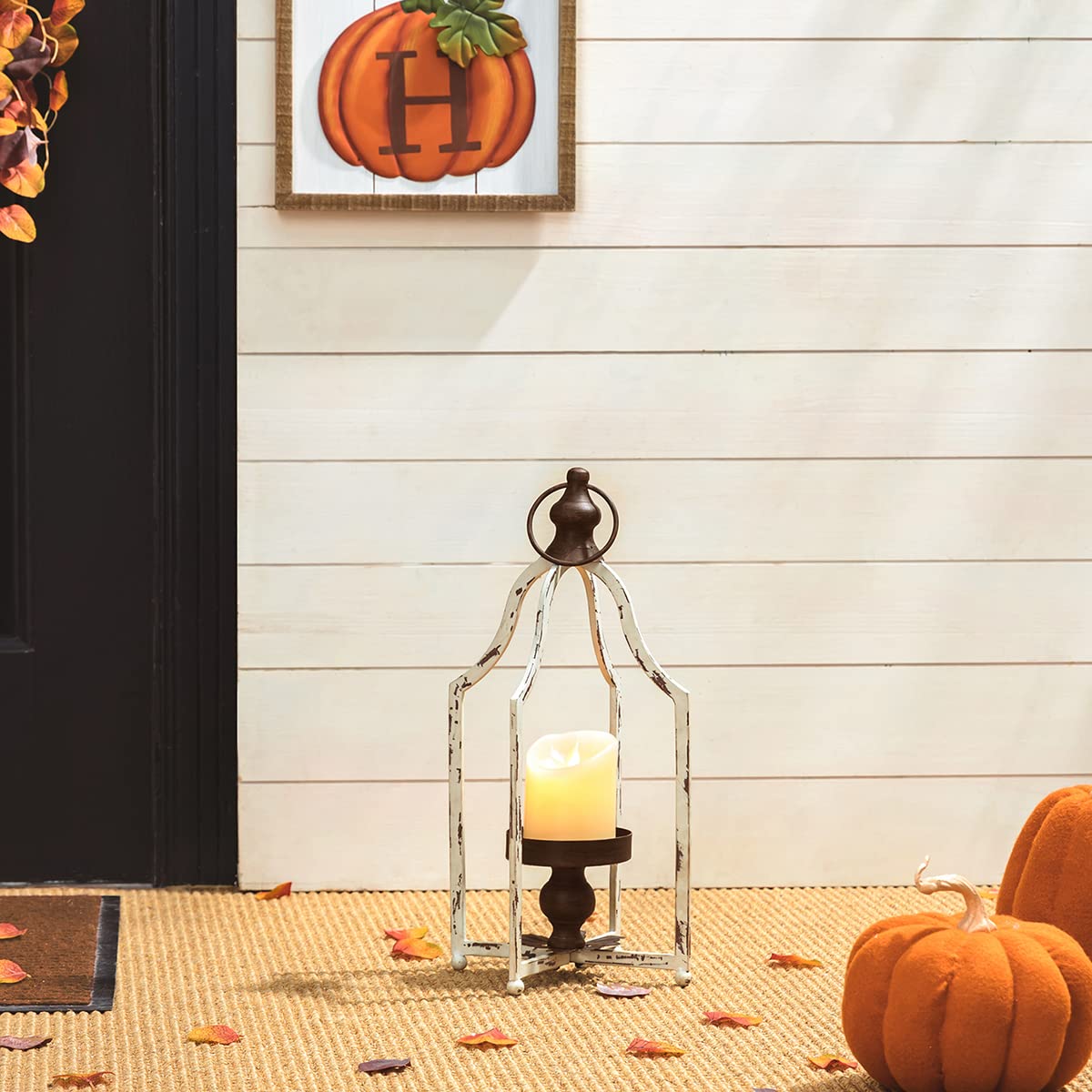 Glitzhome Farmhouse White Metal Lanterns Decorative Hanging Candle Lanterns (White Small)