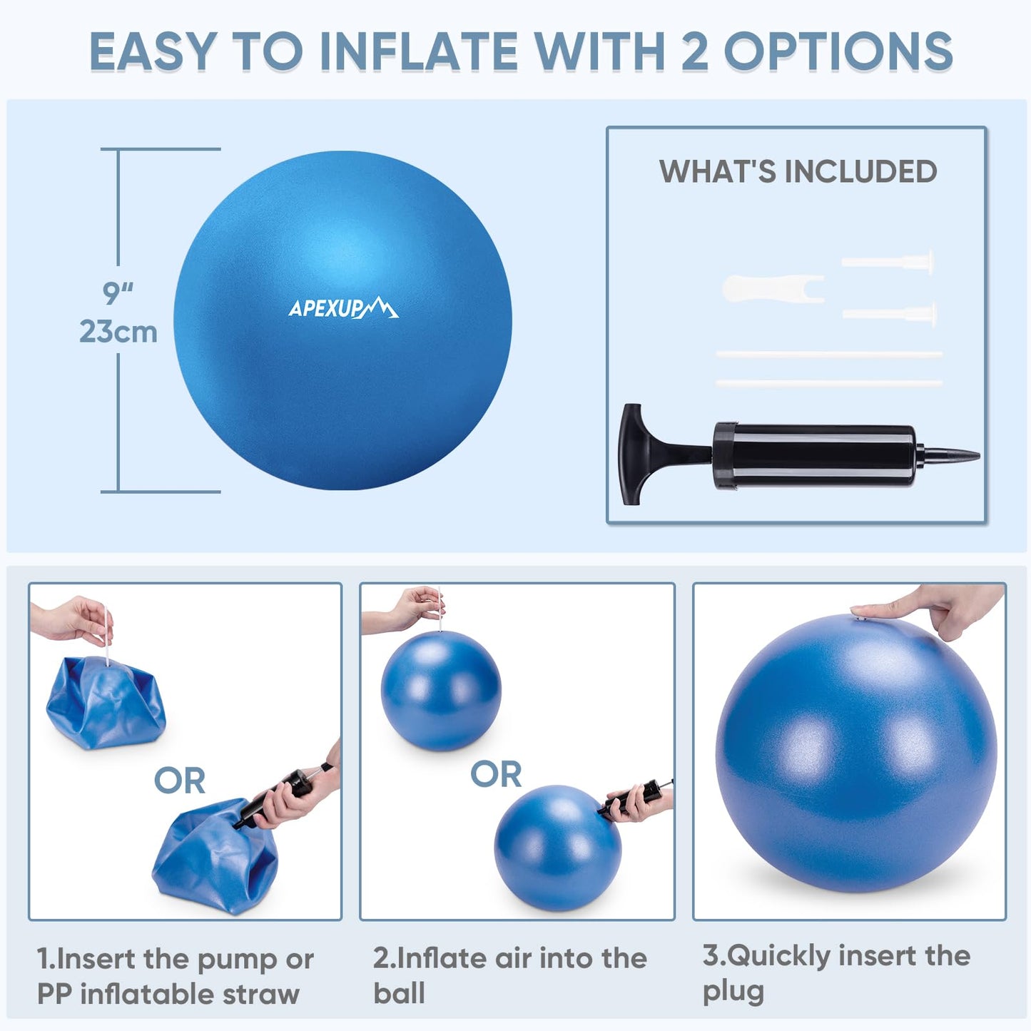 APEXUP Yoga Ball Exercise Ball, Heavy Duty Pilates Ball for Fitness, Balance, Core Workout, Physical Therapy (XXS (9") 23cm, Blue)