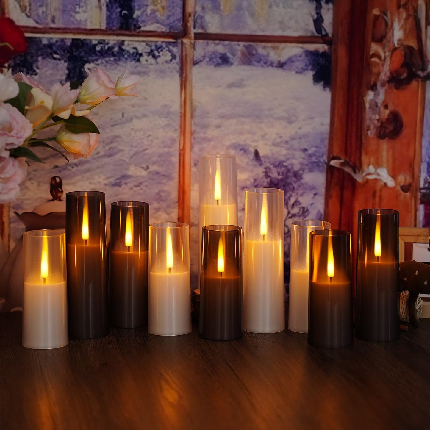 Thorbling Flameless LED Candles, Upgraded Realistic 9 Pcs Flickering Flame Pillar Candles, Battery Operated Candles with Remote Timer, for Romantic Ambiance and Home Decoration (Grey)