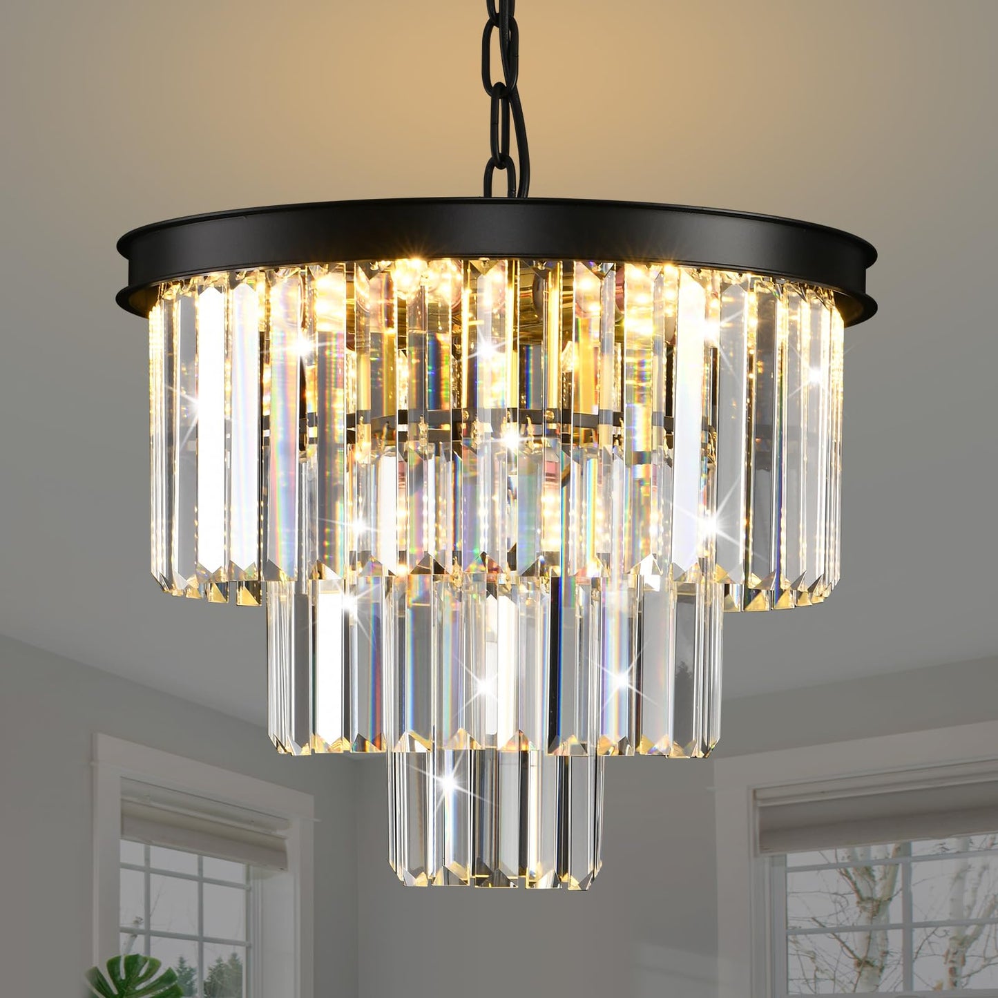 AKDXIRUN Modern Black Crystal Chandelier 3-Tier Round Chandeliers Pendant Ceiling Light Fixture Flush Mount for Dining Room Living Room Bedroom Foyer Hallway Entryway W16
