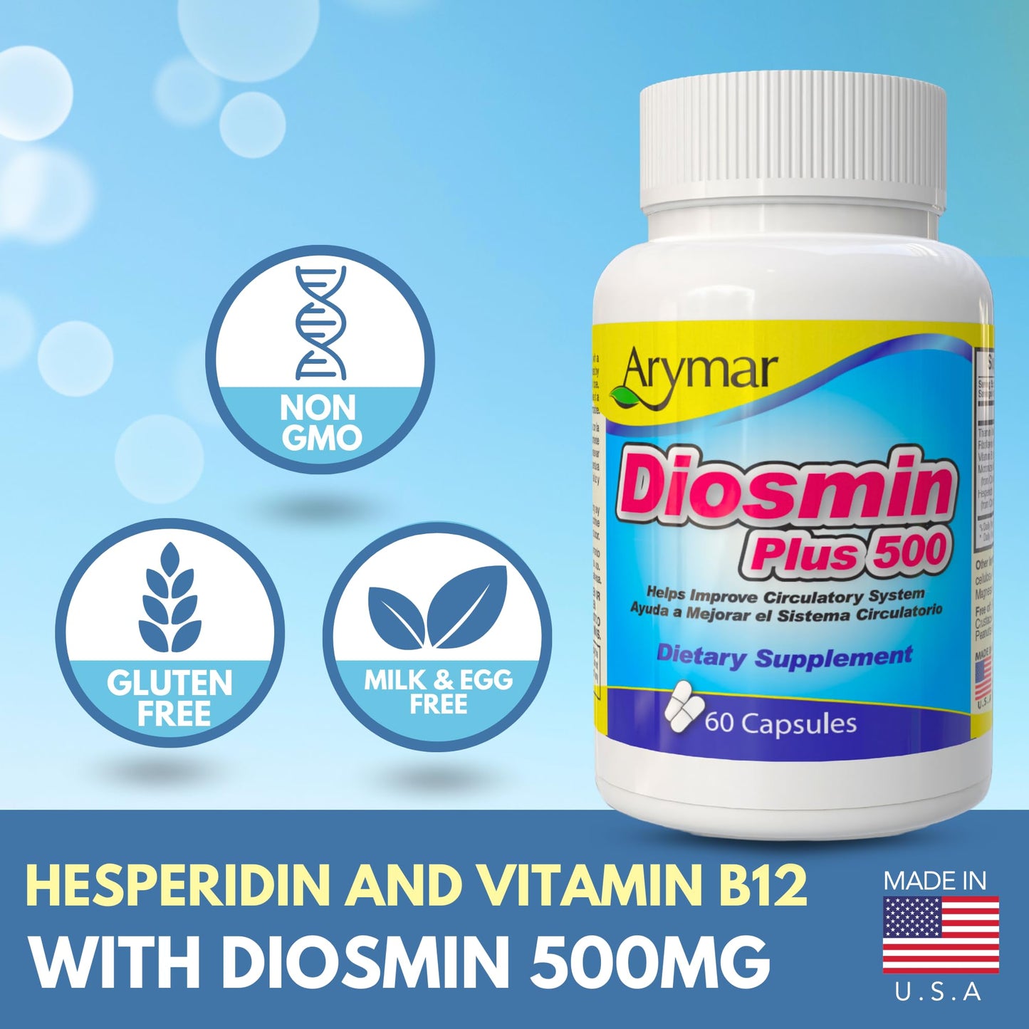 ARYMAR Diosmin Plus 500 mg + 200 mg Hesperidin + B‑Complex – Circulatory Support Supplement for Healthy Veins & Blood Flow, 60  Capsules