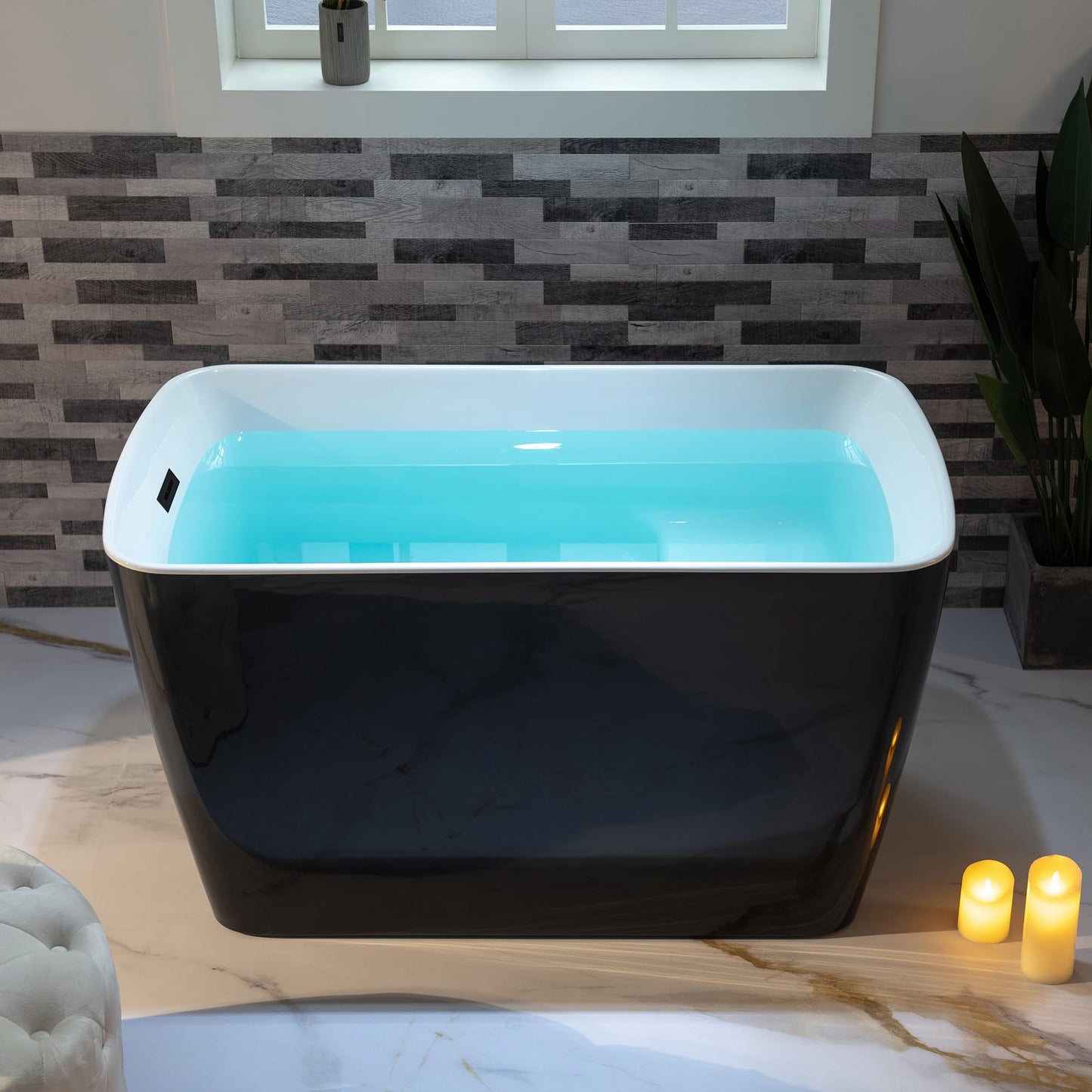 WOODBRIDGE 48" Acrylic Freestanding Square Shape Janpanese Soaking Tub with Pre-molded Seat and Matte Black Pop-UP Drain and Overflow Option, Black, B1870-MB