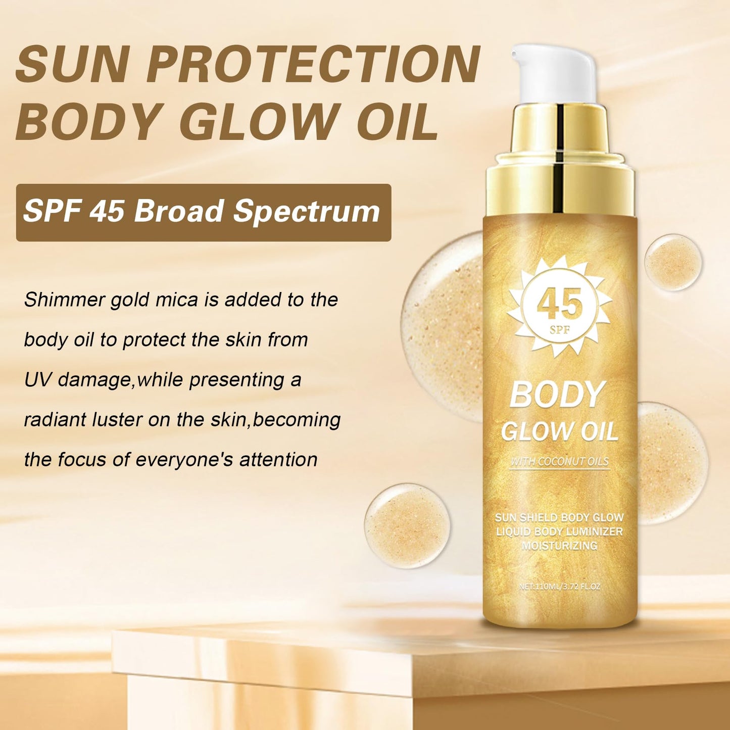 QIUFSSE Body Glow Oil,SPF 45 Broad Spectrum,Body Shimmer Oil with Gold Mica,Glitter Sunscreen with Coconut,Lightweight Non-Stick
