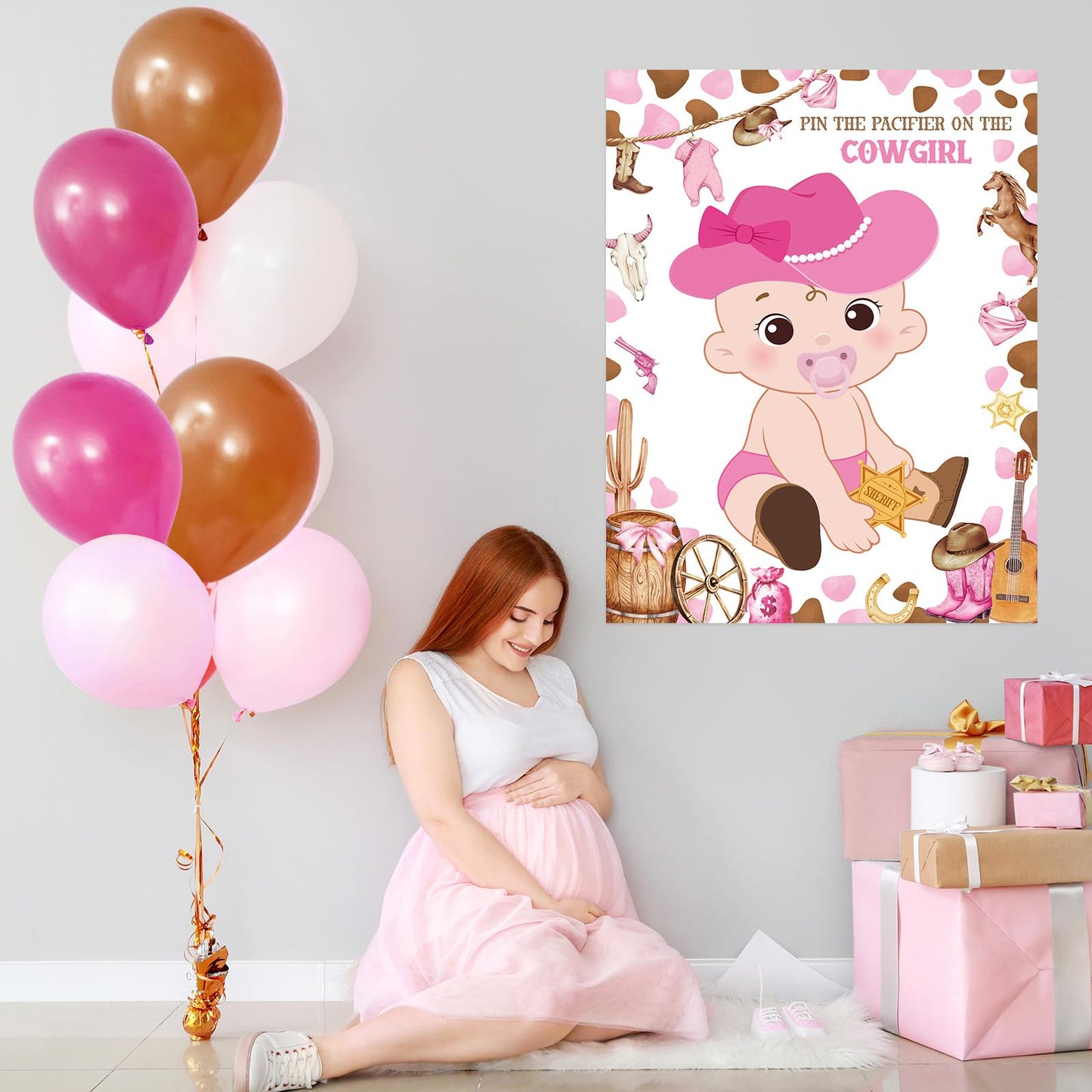 Faccito Pin The Pacifier Baby Shower Game Baby Shower Party Decorations Include Large Poster 24 Pacifier Stickers Blindfold Game Set for Birthday Party Decor Supplies(West Cowboy)