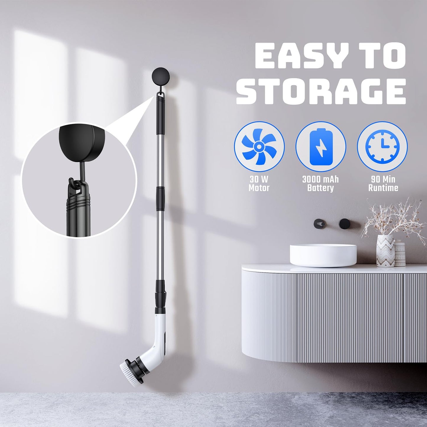 VigorDay Electric Spin Scrubber - Cordless Bathroom Scrubber with 7 Brush Heads - Dual Speed IPX7 Waterproof Power Scrubber for Heavy-Duty Bathtub, Glass, Tile, and Car Cleaning (White)