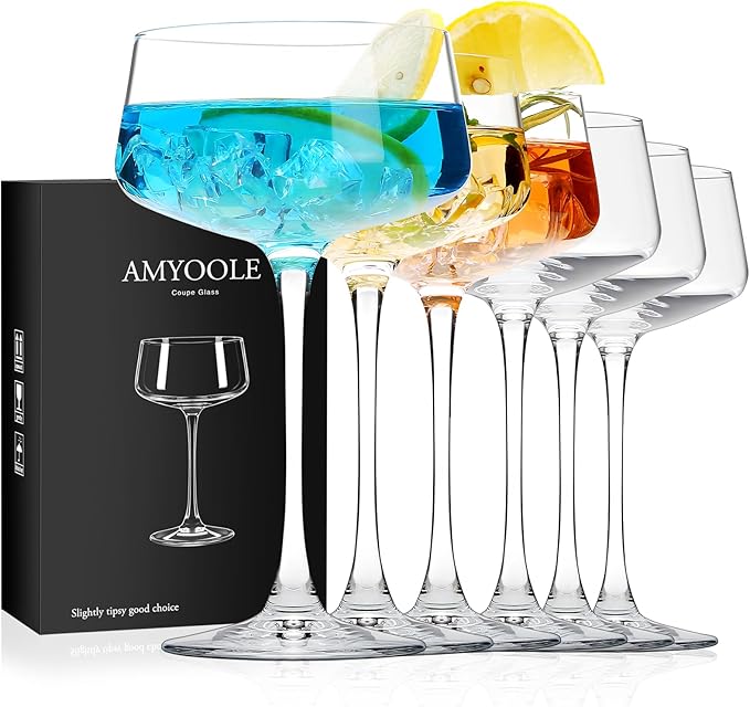 Amyoole Martini Glasses Set of 6, 8 oz Premium Crystal Coupe Glasses, Hand Blown Champagne Drinkware with 6 Cocktail Pick...