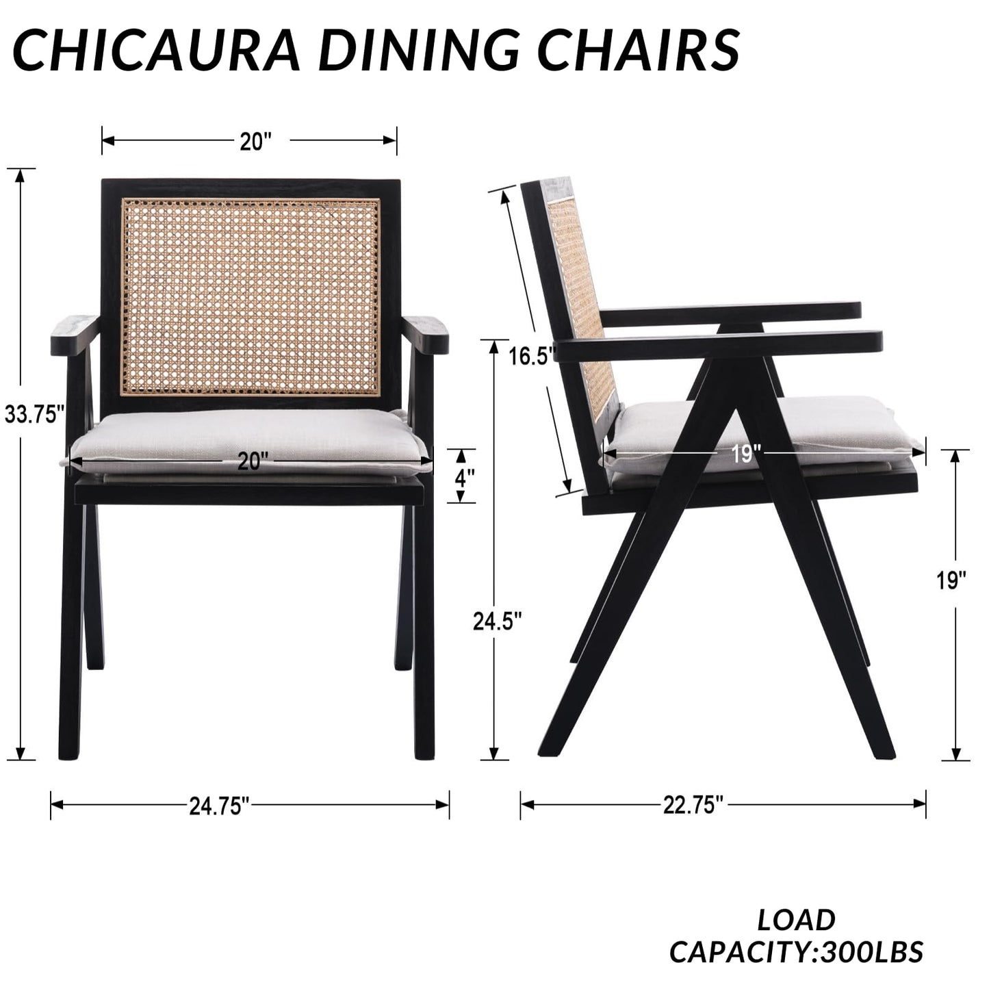 ChicAura Farmhouse Rattan Dining Chairs Set of 4, Modern Upholstered Dining Chairs Cane Back Country Kitchen Chairs with Arms Comfy French Country Linen Side Chairs for Kitchen Dining Room, Black Wood