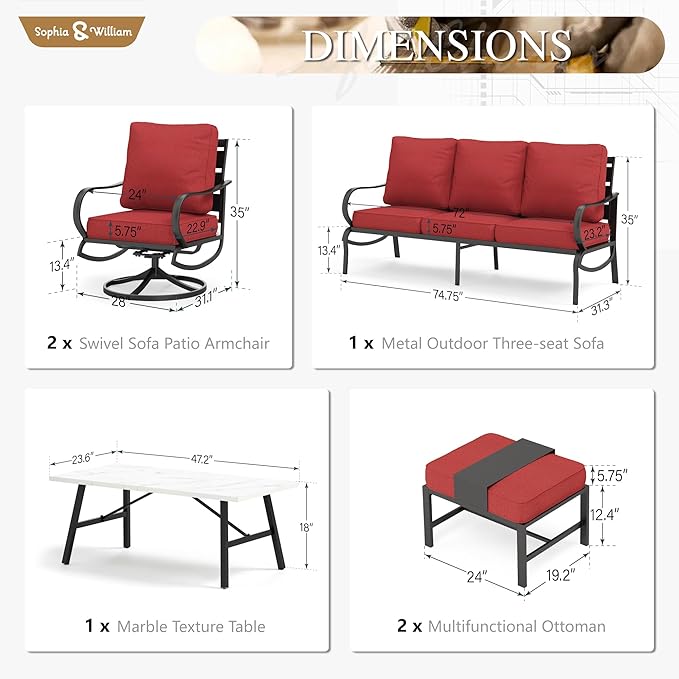 Sophia & William Patio Furniture Sets 7 Seats Outdoor Conversation Set 6 Pcs,2 x Cushioned Swivel Sofa Chairs,1 x 3-Seat Sofa,2 Ottomans, Marbling Metal Coffee Table Patio Backyard Poolside Red