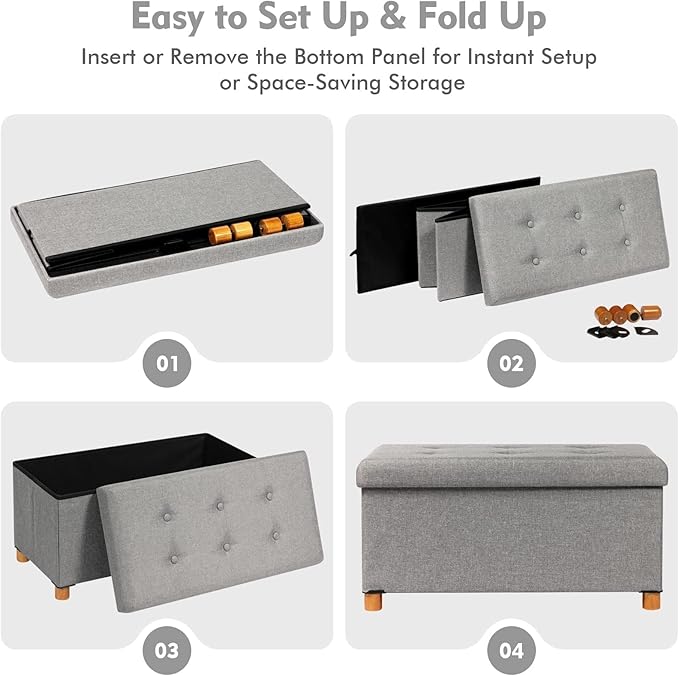 PINPLUS Ottoman with Storage Coffee Table, Grey Footrest-Stool Linen Chest with Tray, Large Storage Bench Foot Rest Ottoman for Bedroom End of Bed, Living Room, Hallway, 30"x 15"x 15"