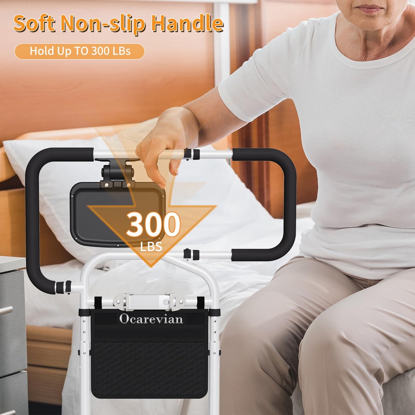 Ocarevian Bed Rails for Elderly Adults Safety, Adjustable Bed Cane for Seniors, Extendable Assist Handle with Side Table, LED Light & Carry Bag, Fits Queen, King, Twin Mattresses (Black + White)