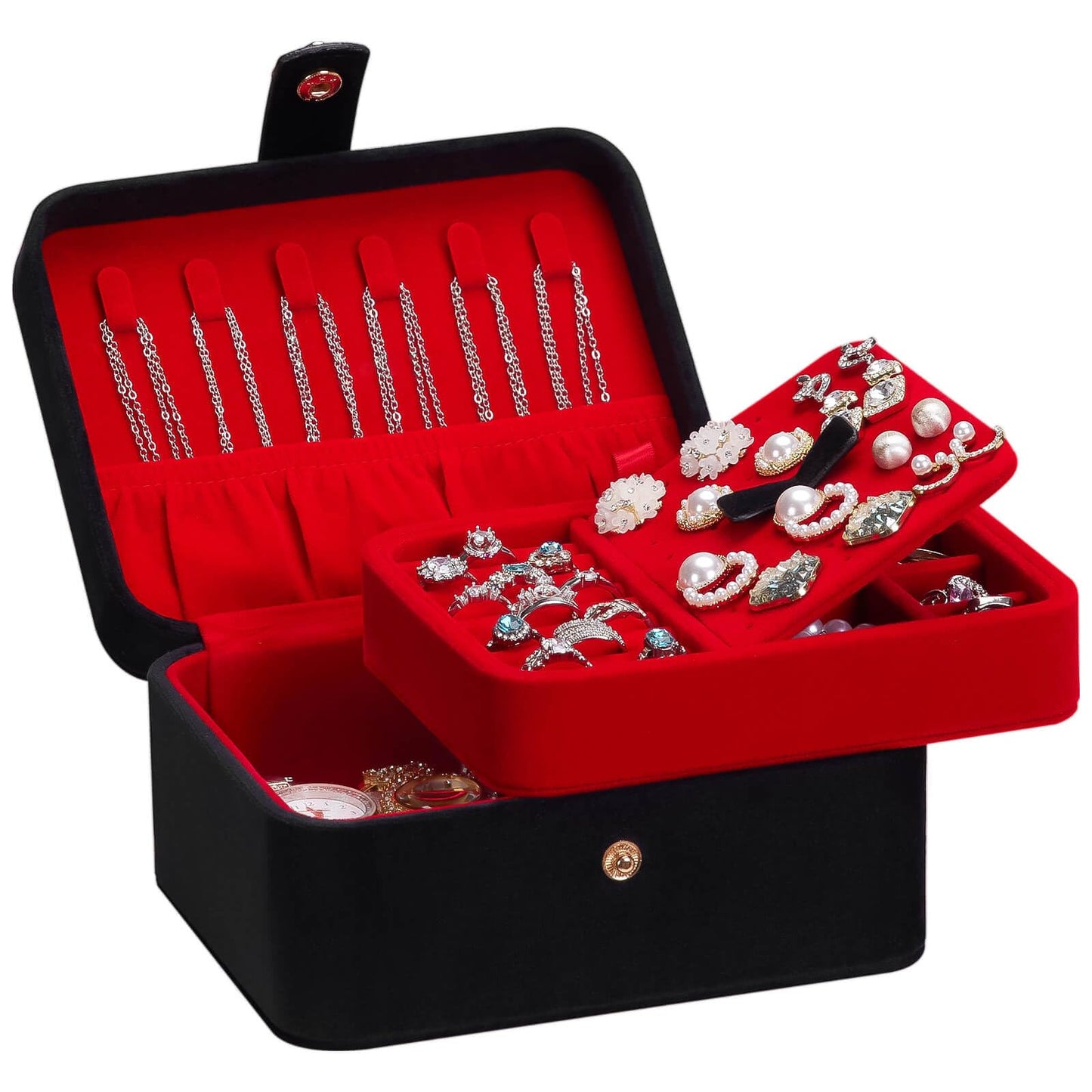 Homde Jewelry Box Small for Women: Ring Earring Organizer Storage for Dresser - Necklace Bracelets Holder with Multi Compartments(Black + Red)