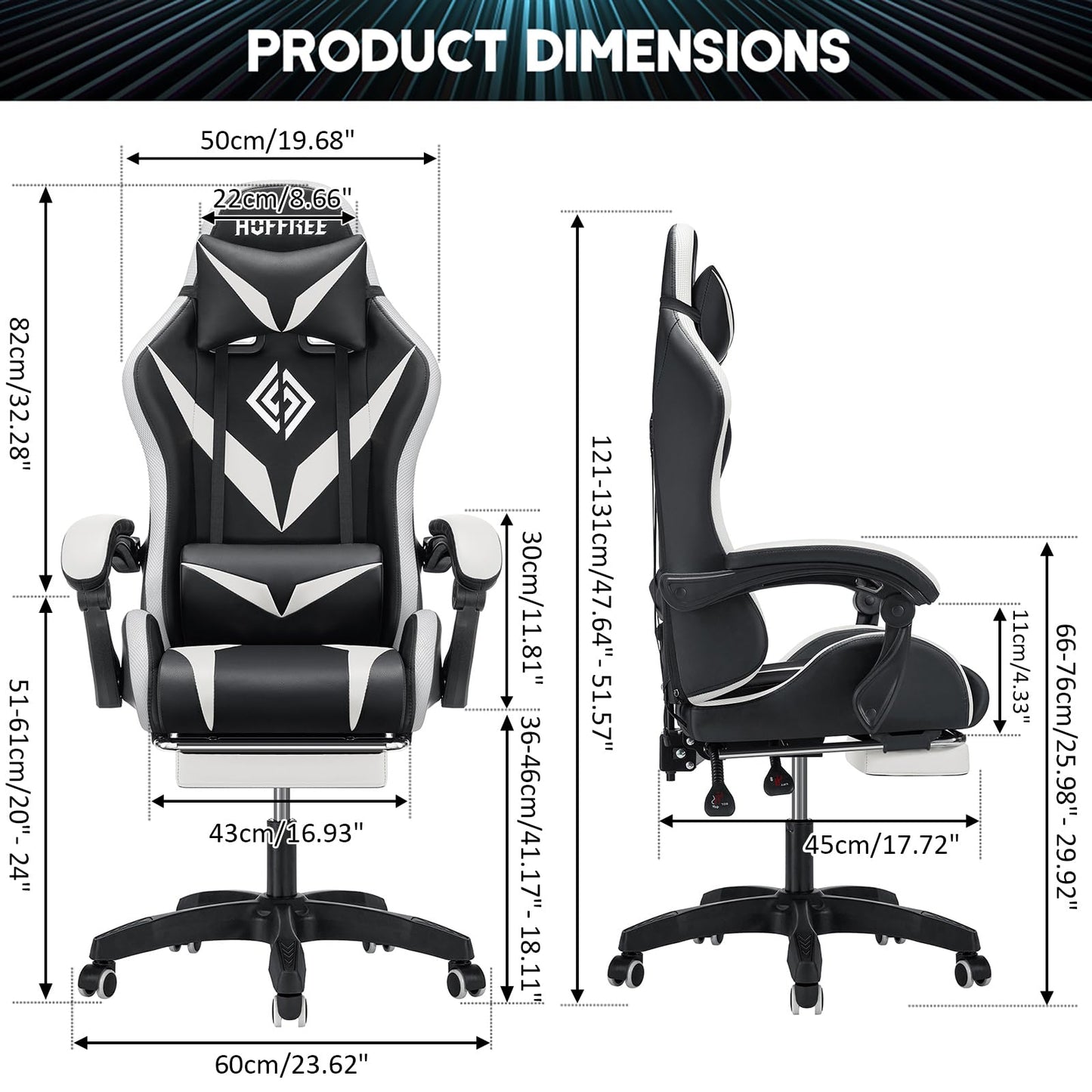 RGB Gaming Chair with Massage and LED Lights Ergonomic Computer Chair with Footrest Reclining High Back Video Game Chair for Adults with Adjustable Lumbar Support White and Black