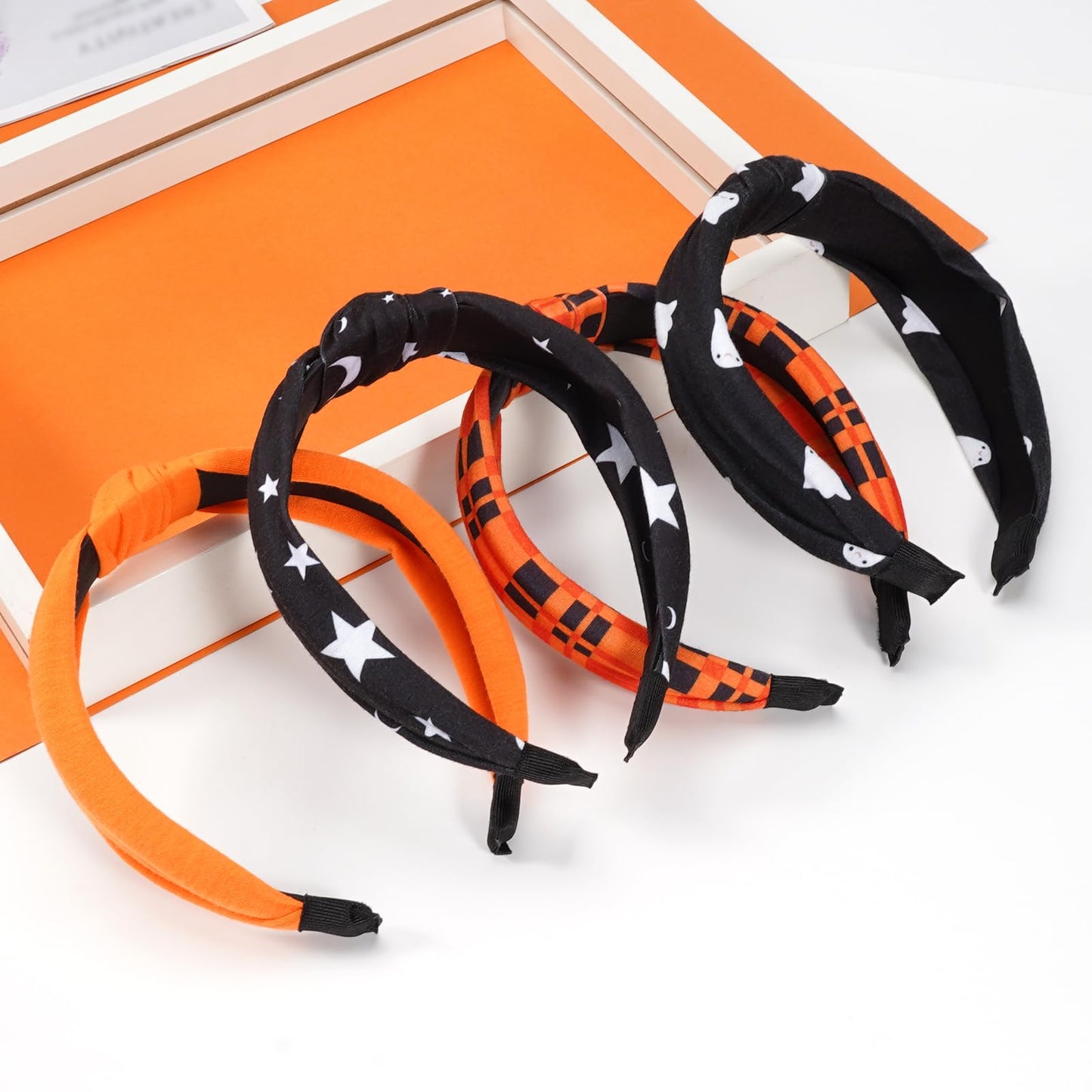 Halloween Headbands for Women Ghost Moon Star Wide Knot Heabdand for Teen Girls Fall Orange Plaid Hair Accessories Hair Hoop Hal