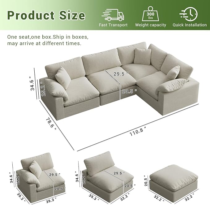 Intuition Decor Cloud Modular Sectional Sofa,189.4" Down Filled Sofa 4 Seat with Chaise,Minimalist Sofa Cover Washable and Replaceable Couches for Living Room,Sectional Sofa Deep Seat