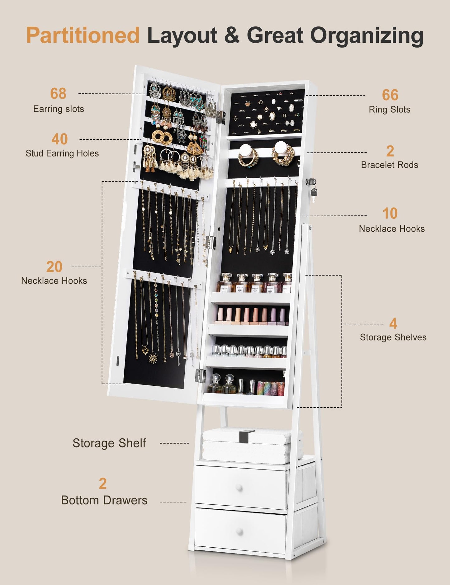 Nicetree Jewelry Cabinet Armoire with 2 Drawers, Lockable Standing Mirror Jewelry Cabinet, Full Length Mirror with Jewelry Storage, Gift Idea, Pure White