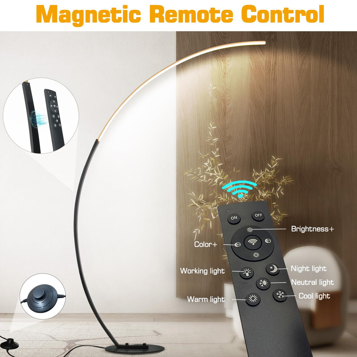 ShineMuse Modern LED Arc Floor Lamp Dimmable,Black Gold Arched Floor Lamp Standing Lamp with Remote for Living Room Bedroom Office Corner