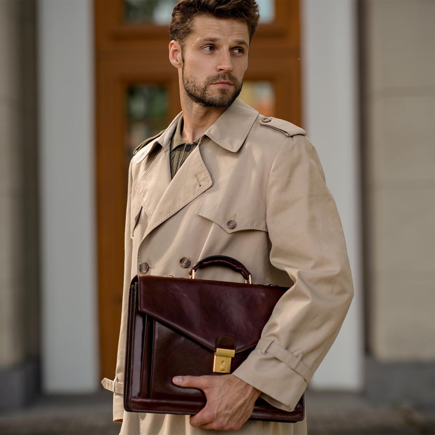 Time Resistance Leather Briefcase for Men - Business Laptop Bag - Italian Handmade Leather Bag - Attache - Gift Box Included (Brown)