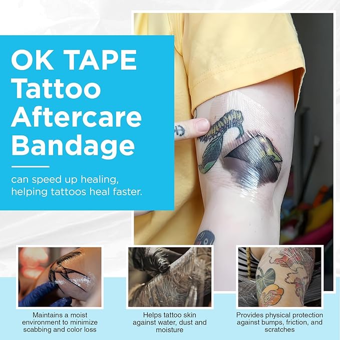OK TAPE Tattoo Aftercare Bandage with Sliding Cutter(4 in x 6 yd),Second Skin Tattoo Cover Up Patch for Faster Healing and Skin Recovery,Waterproof Transparent Latex-Free Film,Tattoos Supplies