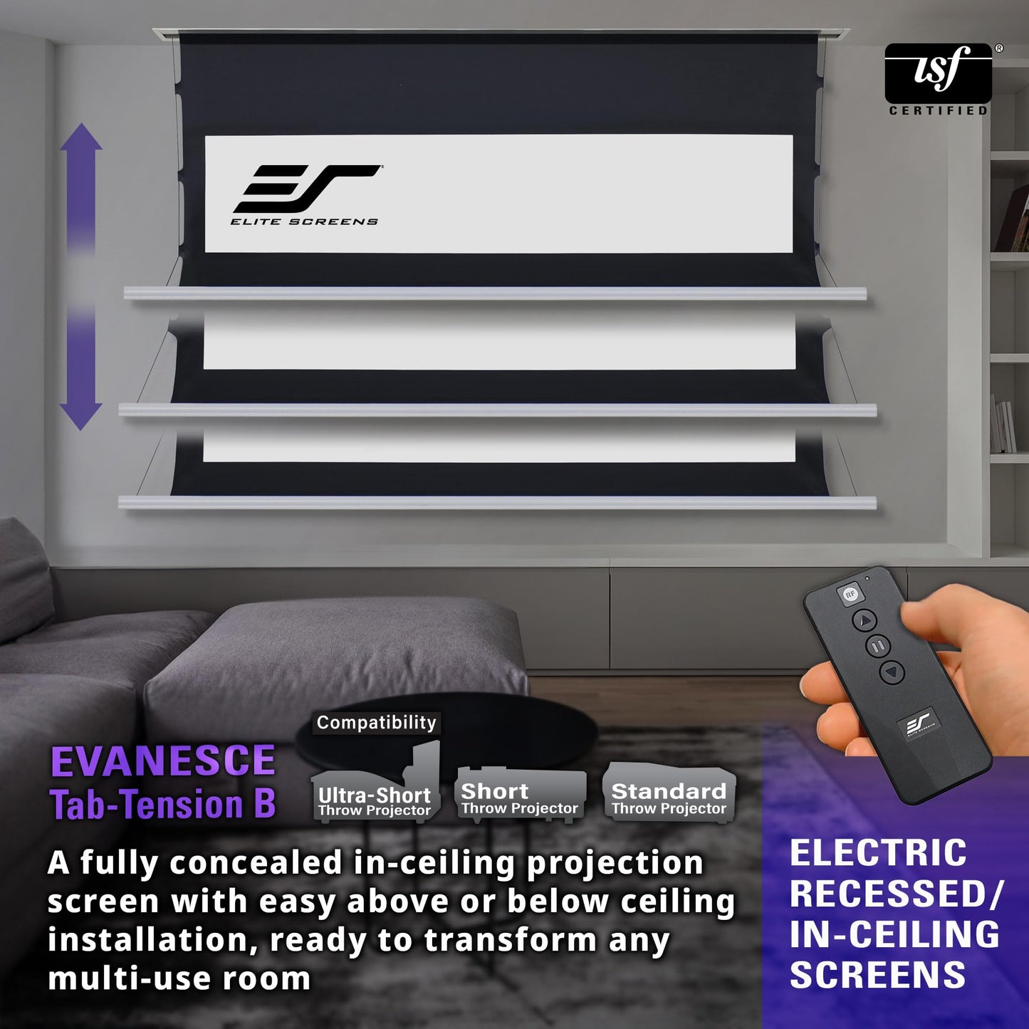 Elite Screens Evanesce Tab-Tension B, 120-inch 16:9, 4K / 8K HD, Recessed in-Ceiling Electric Tab Tensioned Projector Screen, Matte White Projection Screen Surface Programmed Remote Kit, ETB120HW3-E8