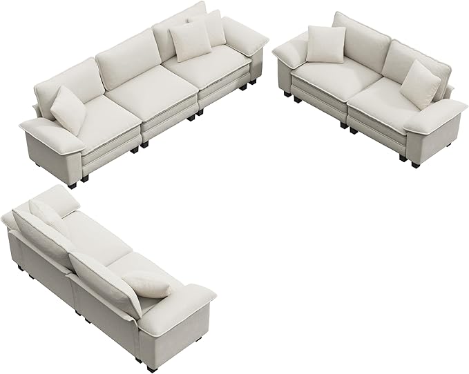 PHI VILLA Cloud Modular Couches Sets, 3 Pieces Large Sectional Sofa Set with Loveseats, 7-Seater Upholstered Couch for Living Room, Chenille Fabric, Beige