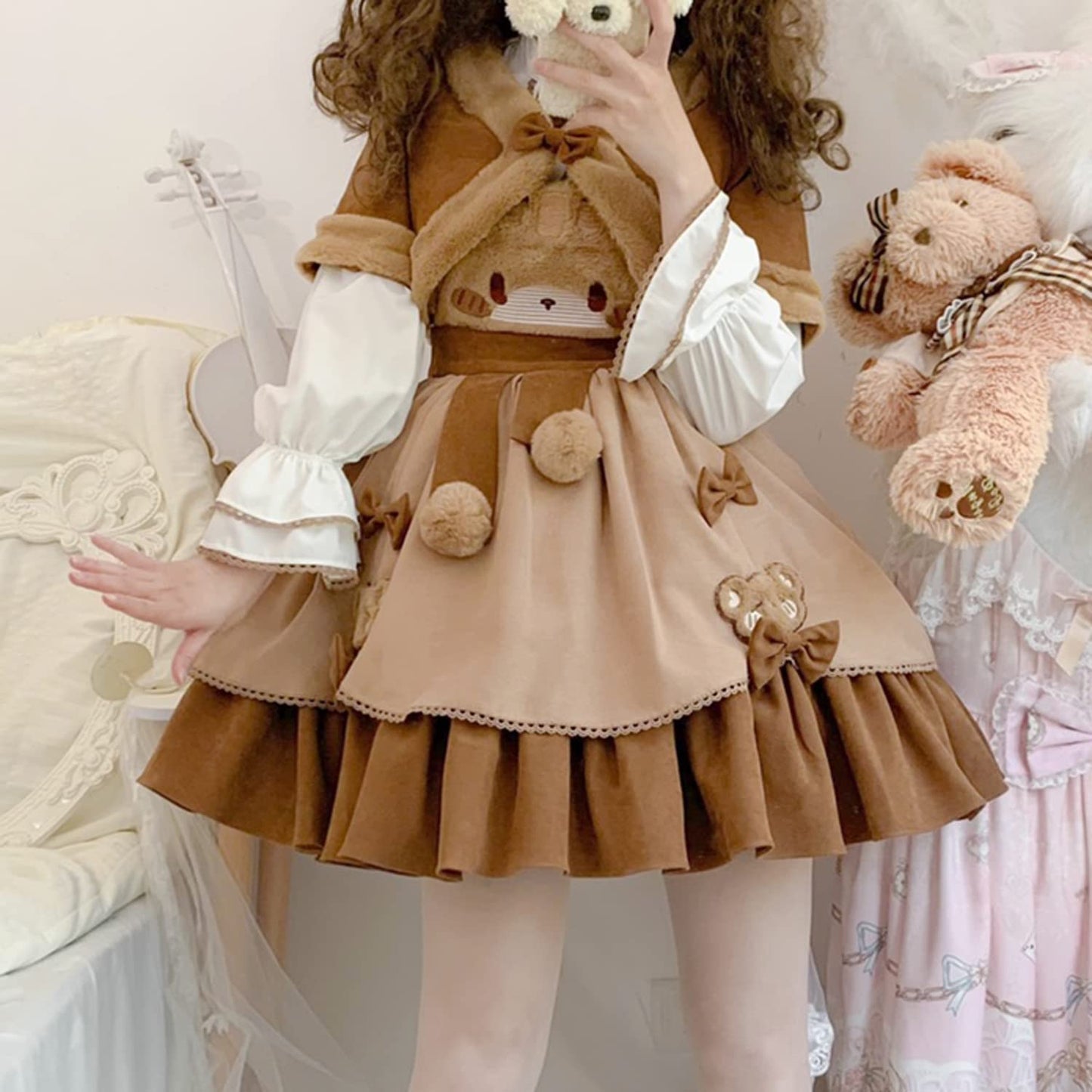 Teen Girls Japanese Kawaii Lolita Costume Plush Cute Bear Suspender Dress Sweet High Waist Princess Party Dresses (as1, alpha, s, regular, Brown, Small)
