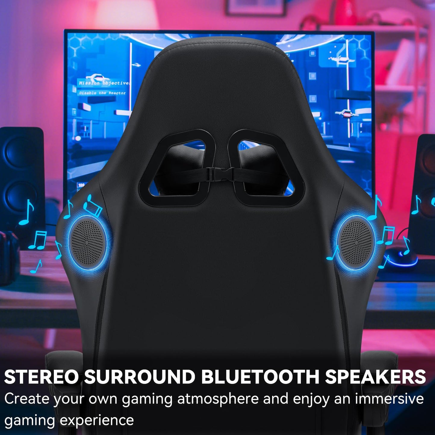 HOFFREE Gaming Chair with Speakers Massage Computer Gaming Chair with Pocket Spring Cushion for Adults Reclining Gamer Chair with Bluetooth Video Game Chairs with Footrest Black