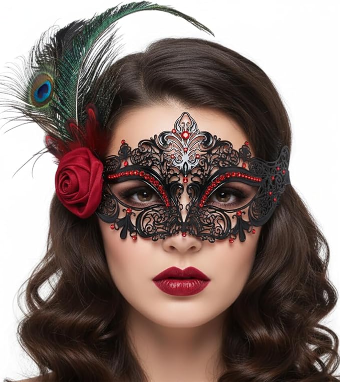 Campsis Feather Masquerade Mask Red Rhinestone Venetian Mask Flower Ball Masks for Women