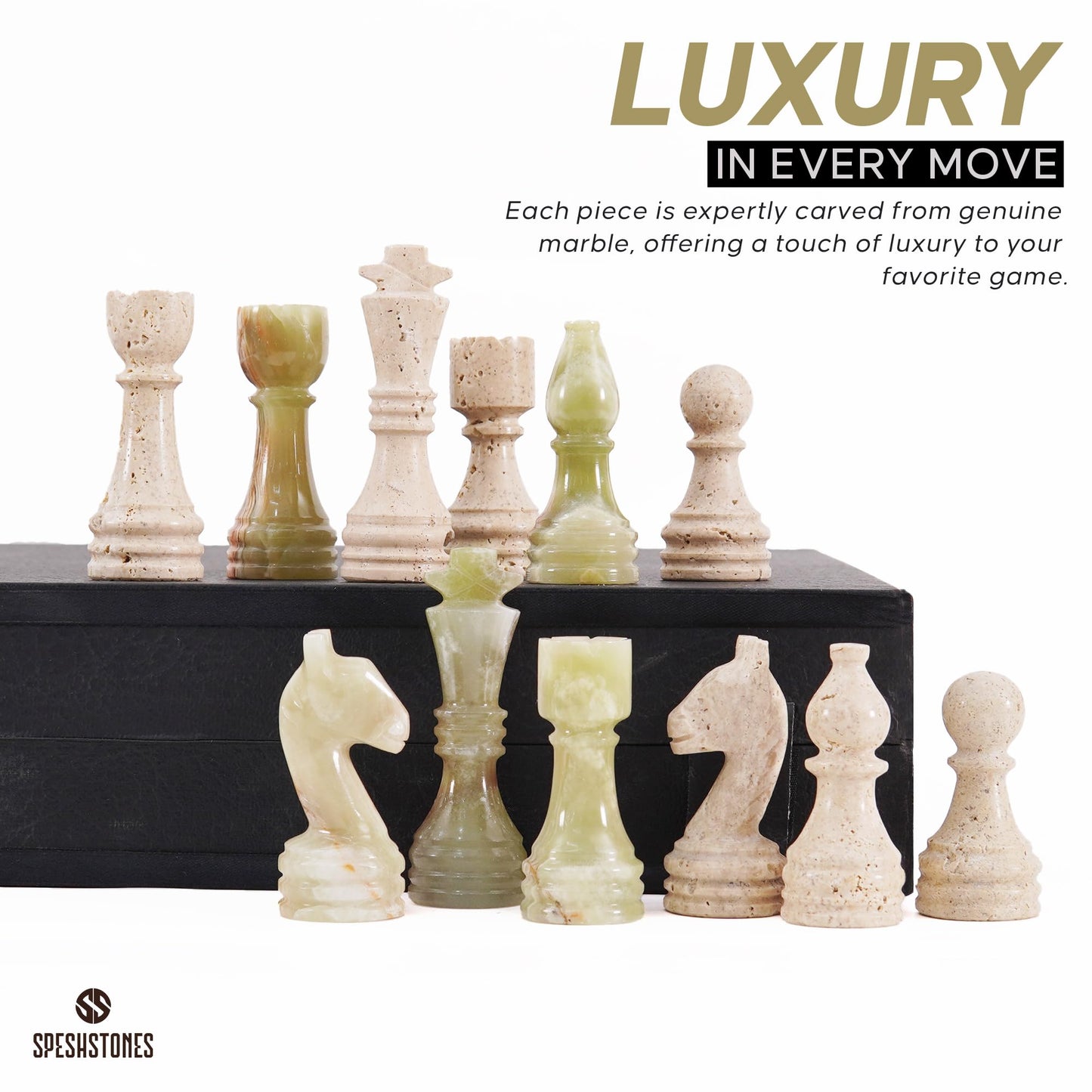 SPESHSTONES Marble Chess Set for Adults 15 Inch Handmade Travertine & Green Chess Board Games with Storage Box, Travel Chess Game with Chess Pieces & 2 Extra Queens, Gifts & Home Décor