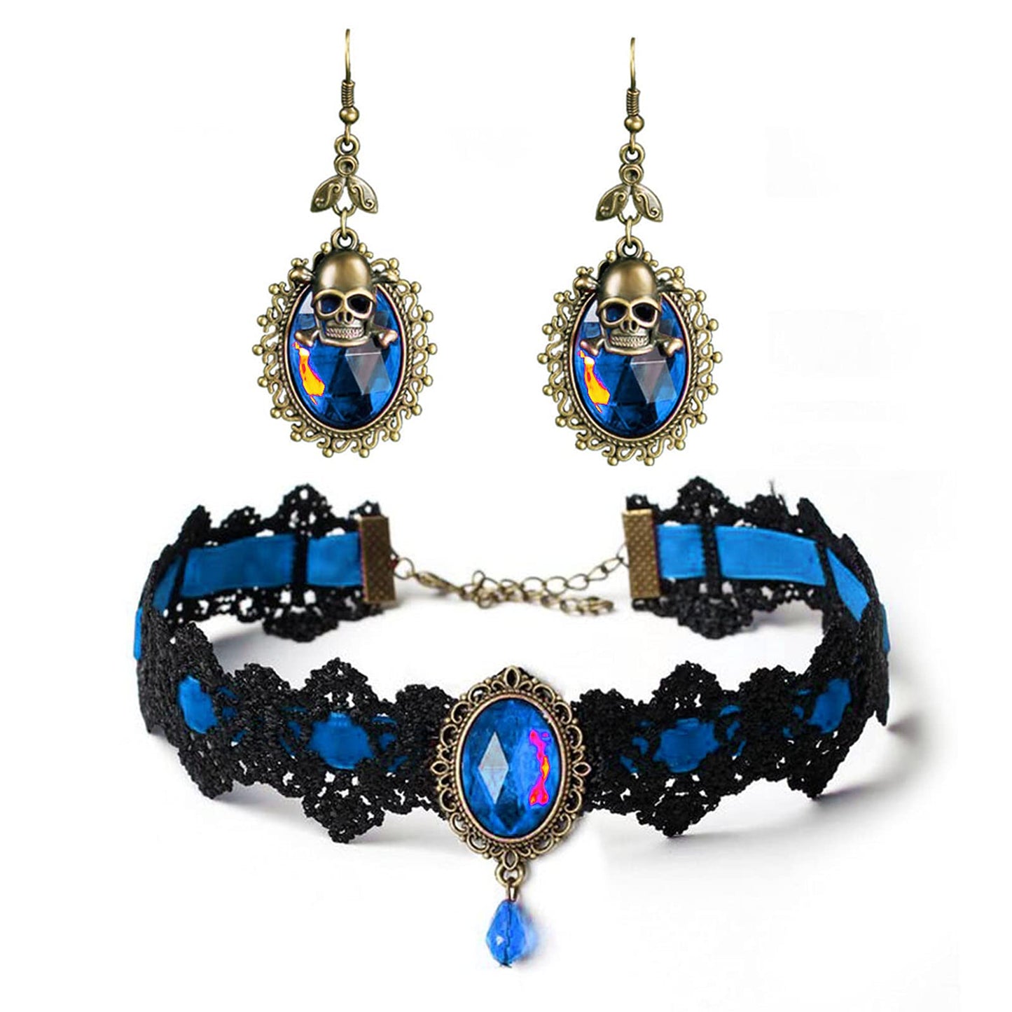 FUNOJOY Halloween Costumes Accessories Set for Women - Githic Skull Collar Necklace Bracelet,Vampire Masquerade Steampunk Victorian Lolita Lace Choker Jewelry Halloween Cosplay Party Supplies (blue)