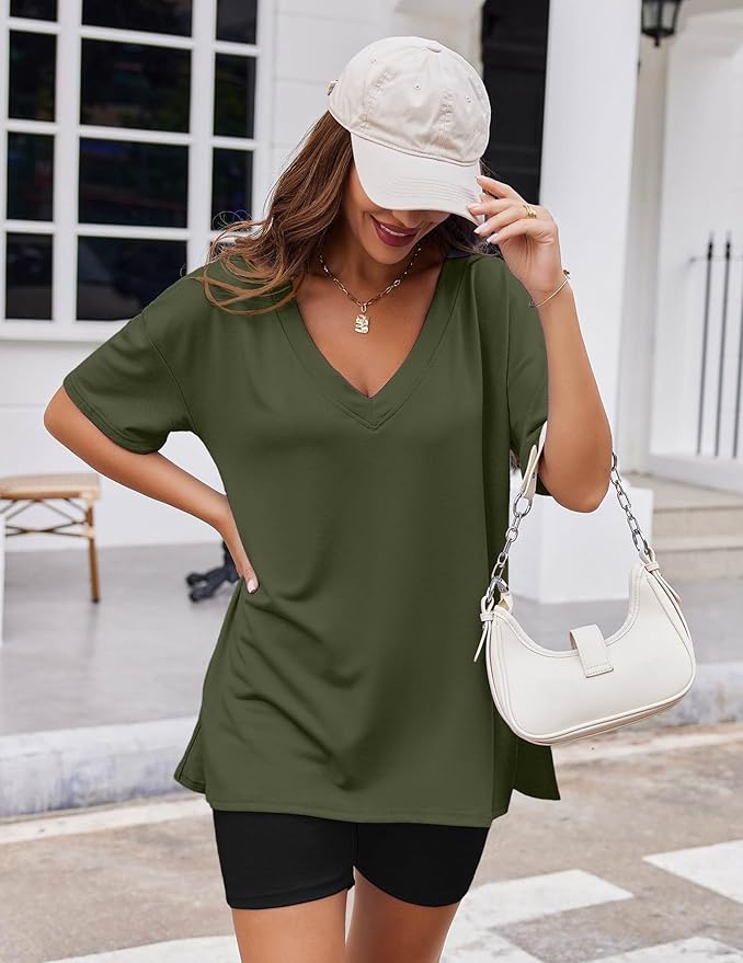 Ekouaer Womens Pajamas 2 Piece Lounge Sets Oversized V Neck T-Shirts Tops Biker Shorts Set Workout Reversible Tracksuit S-XXL