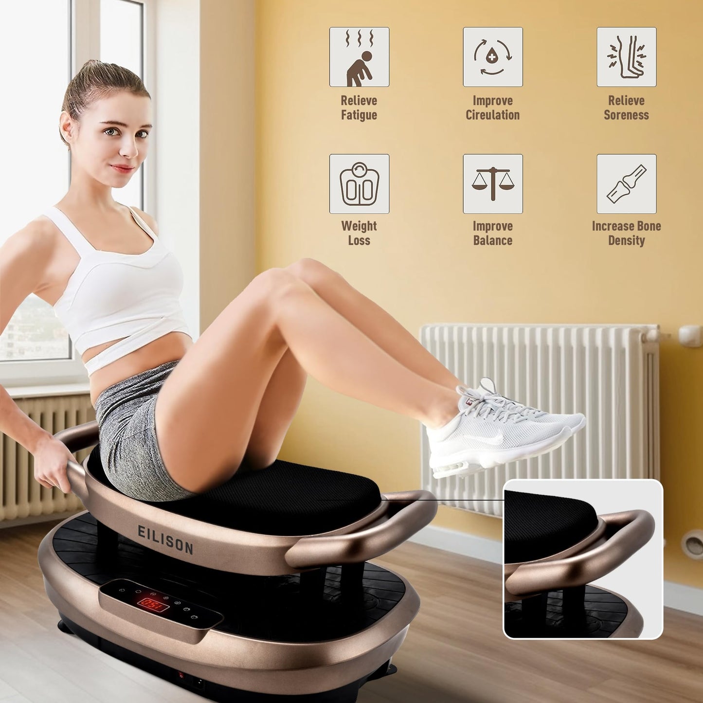 EILISON FITABS 3D Vibration Plate Exercise Machine with Seat - Ocsillation, Pulsation + Vibration Platform, Push Up | Vibration Machine for Lymphatic Drainage, Recovery (Fitabs Brown)
