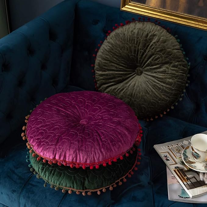 vctops Velvet Soft Round Chair Pads Cute Gradient Pom Pom Indoor Dining Chairs Cushion (Purple, Diameter 16")