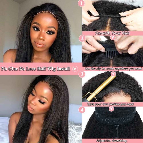Nvnvdij Kinky Straight Half Wig Human Hair 200% Density Wear Go Glueless Wigs Human Hair 16 Inch Kinky Straight 3 In 1 Half Wigs for Women Drawstring Seamless Flip Headband Wig Beginner Friendly