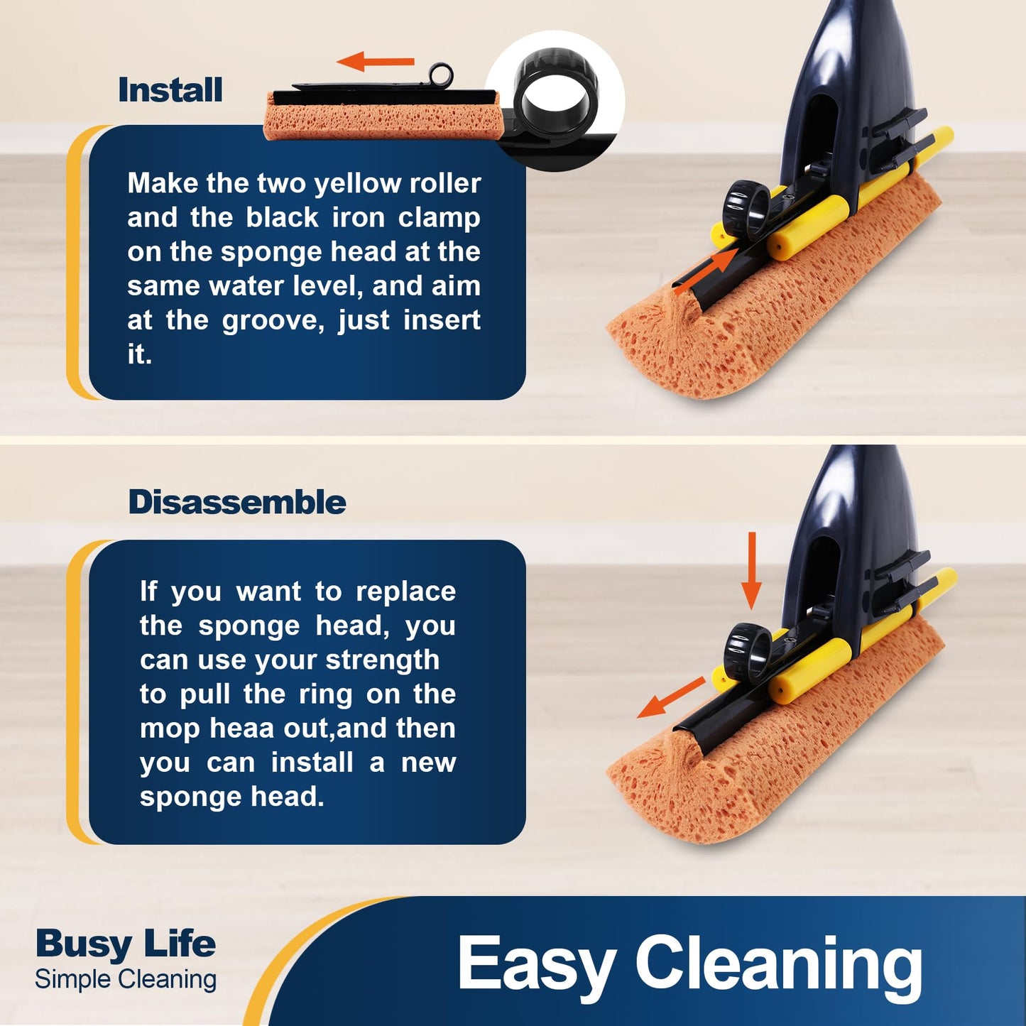 Yocada Sponge Mop Replacement Refill Head Home Commercial Use Tile Floor Bathroom Garage Cleaning Easily Dry Wringing 2 PCS