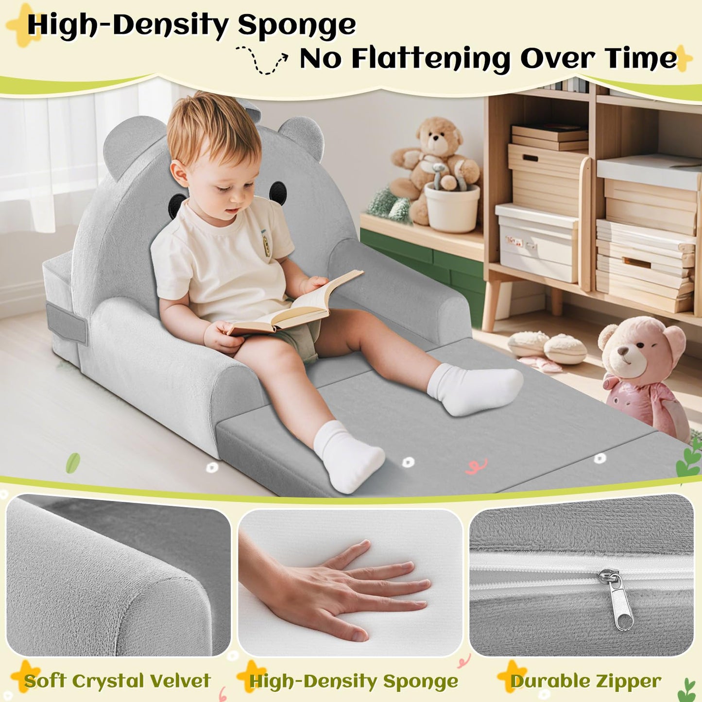 Kids Sofa Bed with Removable Washable Cover & Magic-Tape Backrest – Foldable Toddler Chair, Cozy Crystal Velvet Furniture for Playtime, Naps & Travel (Soft Grey, Bear Design)