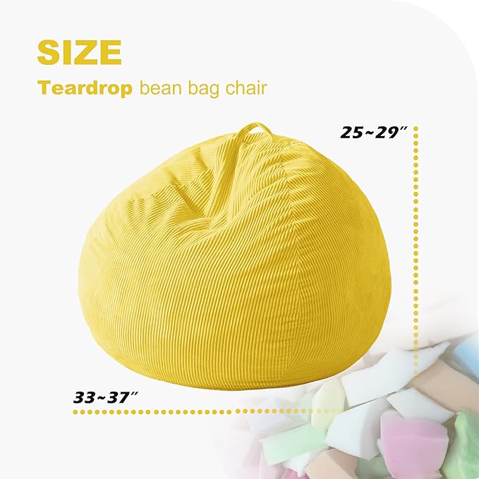 Homguava 3.5FT Bean Bag Chair: Teardrop Bean Bags with Memory Foam Filled, Compact Beanbag Chairs Soft Sofa with Corduroy Cover (Yellow)