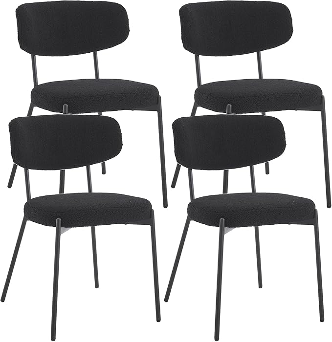 KCC Boucle Dining Chairs Set of 4, Modern Mid-Century Upholstered Stylish Kitchen Chairs Sherpa Accent Diner Chairs with Metal Legs and Curved Back for Kitchen, Dining Room(Black)