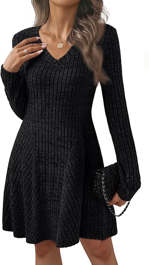 AUTOMET Womens Sweater Dresses Winter Long Sleeve Fall Fashion 2026 V Neck A-Line Flowy Mini Casual Dress Comfy Work Clothes