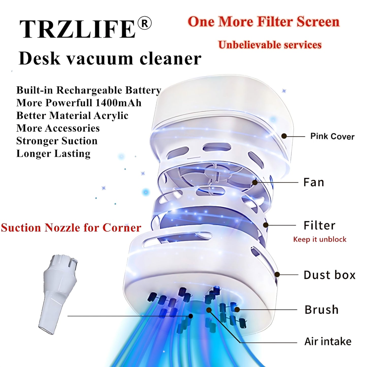 TRZLIFE Cordless Desk Vacuum Cleaner, Upgraded Rechargeable Mini Desktop Vacuum Sucks up Crumbs Debris from Office Desk Countertop White Elephant Tech Gift for Easter Christmas Stocking Stuffer Pink