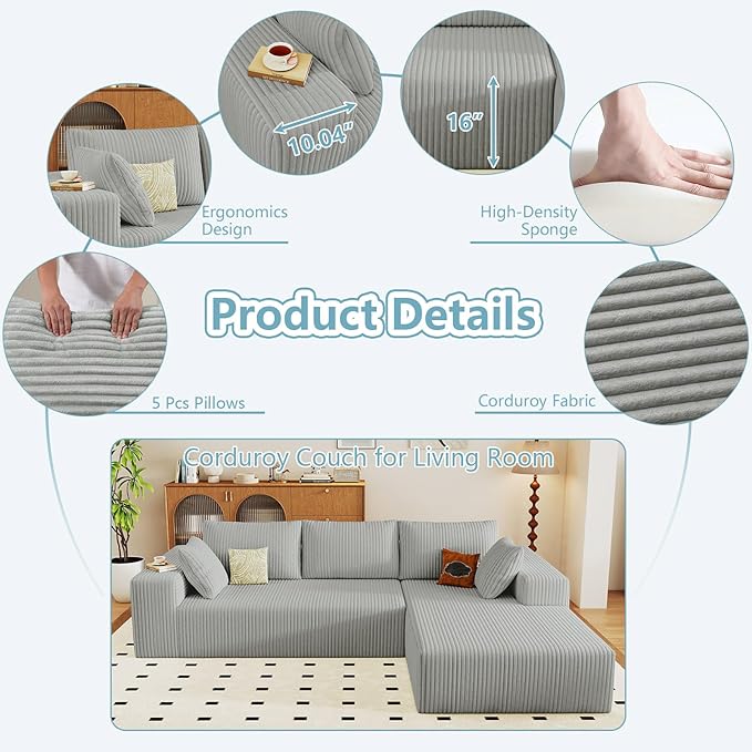 96" Cloud Sectional Couch with L-Shape Chaise, Modern Corduroy Boneless Couch for Living Room,Memory Foam Sofa with Deep Seat,No Assembly Required (Grey,Right-Facing Chaise)
