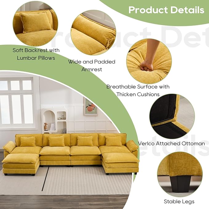 Oprisen 154" Modular Sectional Sofa, Comfy Cloud Couch Sectional Sofa with Ottoman, Chenille Sofa Sleeper Deep Seat Sofa with Throw Pillows for Living Room (Yellow, 154"- U Shape)