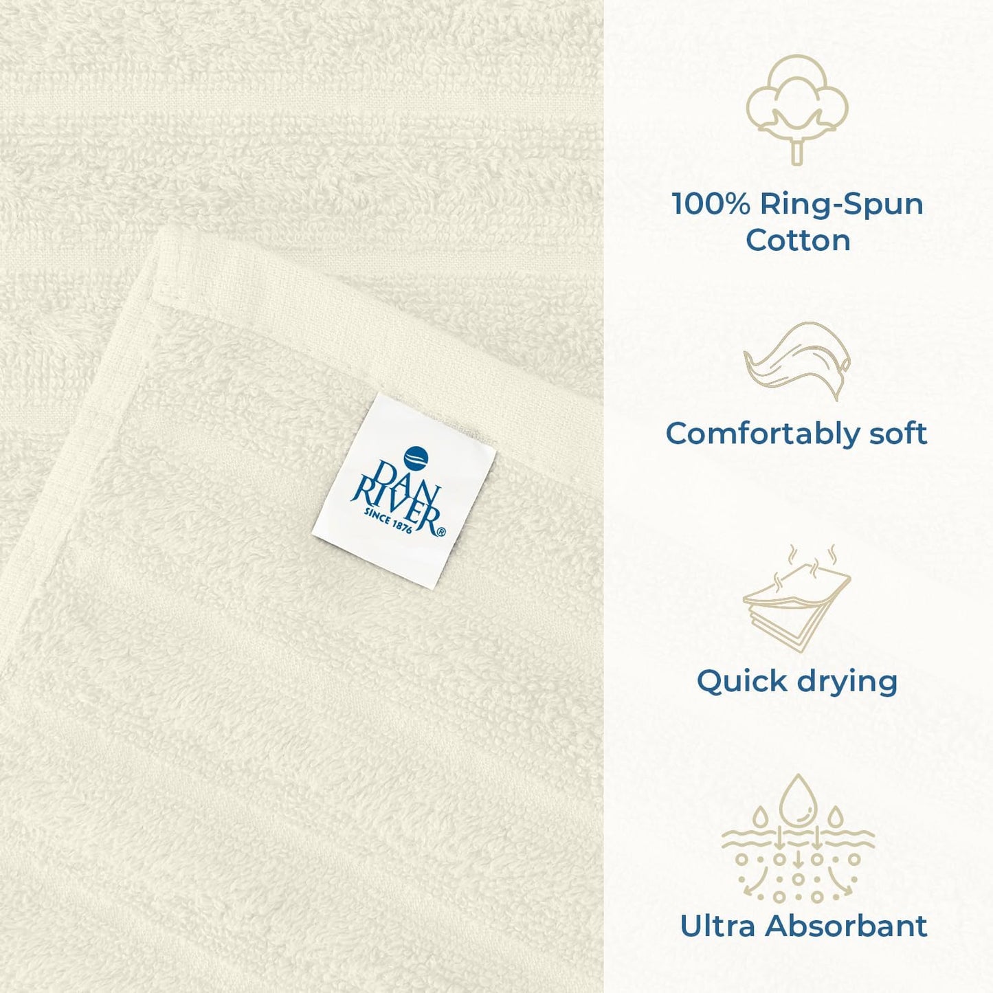 DAN RIVER Pack of 2 Bath Sheet 35x70 Inches, Extra Large Ribbed Quick Dry Bath Towels, Hotel Collection Towels for Adults - Ivory