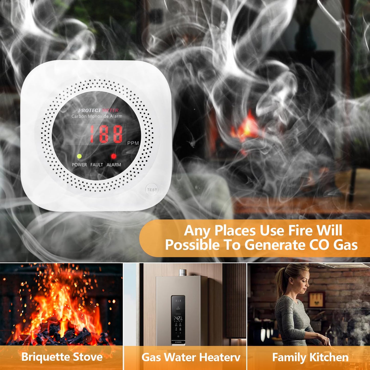 Carbon Monoxide Detectors, 2 Pack Protectmeter Portable Carbon Monoxide detectors Plug in Wall for Travel, CO Alarm/Monitor for Home/Hotel Room/RV with AC Socket with Digital LCD