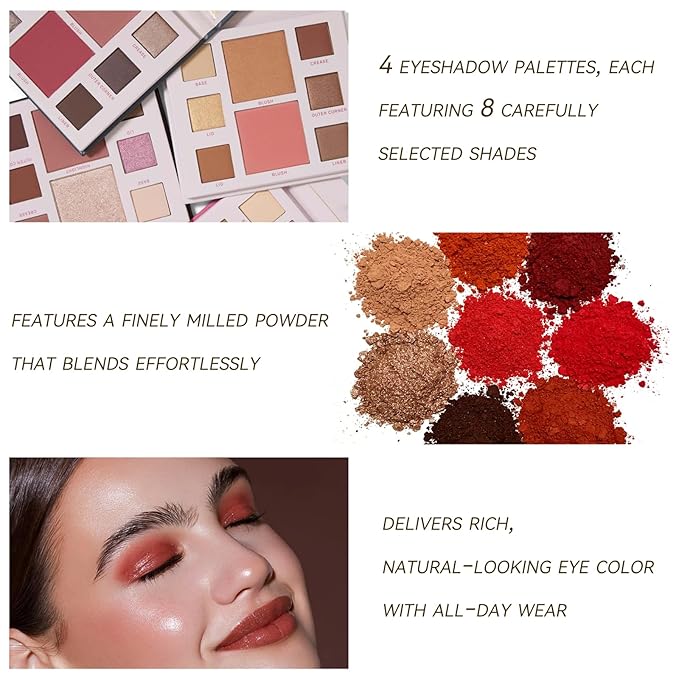 K'APEINE Eyeshadow Kit-4pcs Eyeshadow Palettes 32Colors Makeup Palette Red Brown Eye Shadow Blush Contour Highly Pigment Long Lasting for Women Daily, Parties