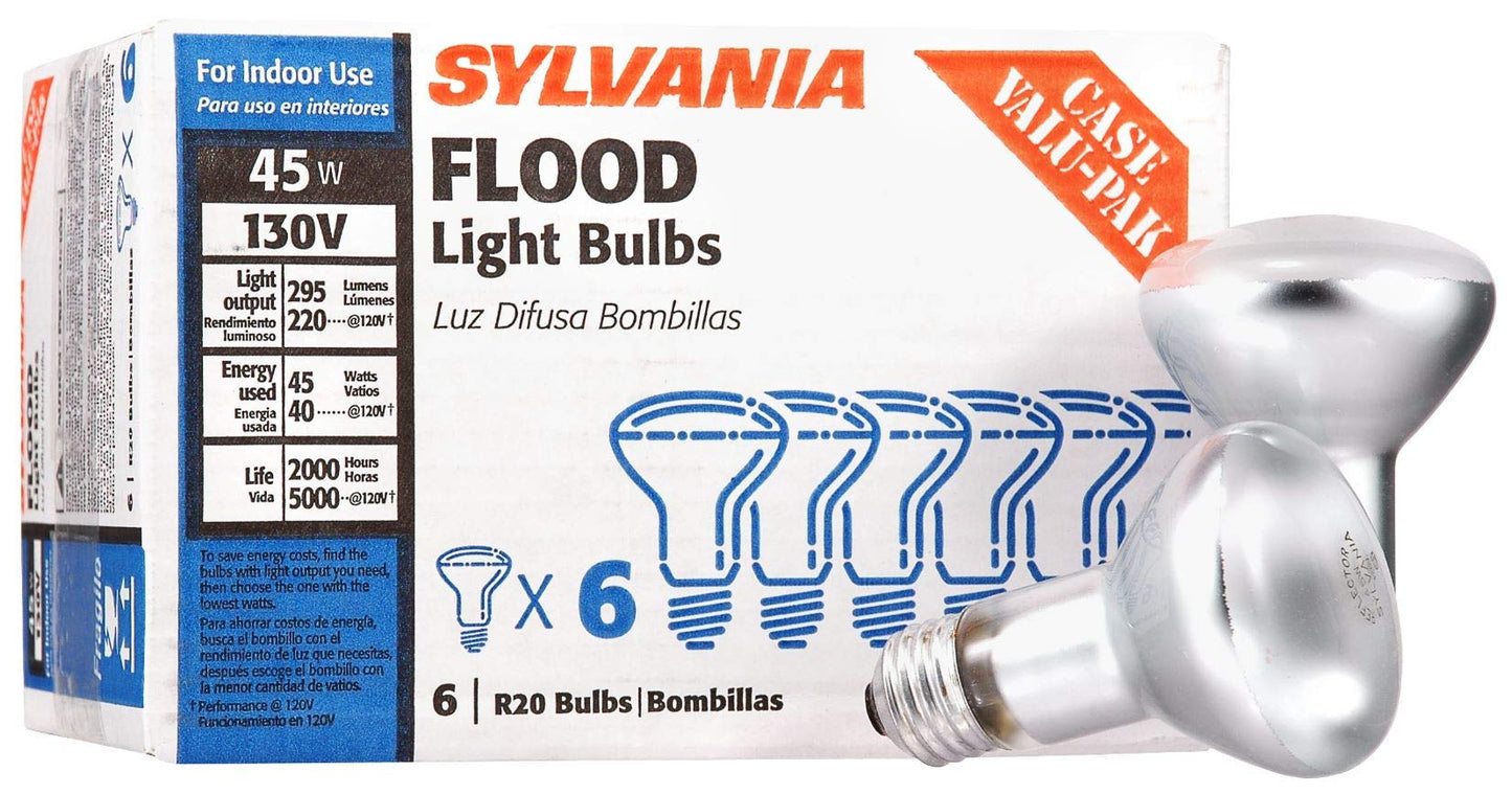 Sylvania Incandescent R20 Flood Light Bulbs, 45W, 230 Lumens, 2850K, Warm White, Value Pack - 6 Pack (15676)
